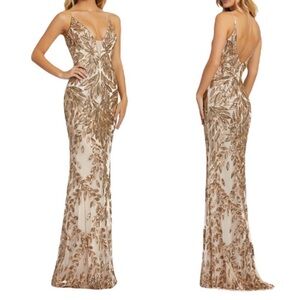 MAC DUGGAL Embellished Leaf Evening Gown Size 8 Gold Nude *Flaw